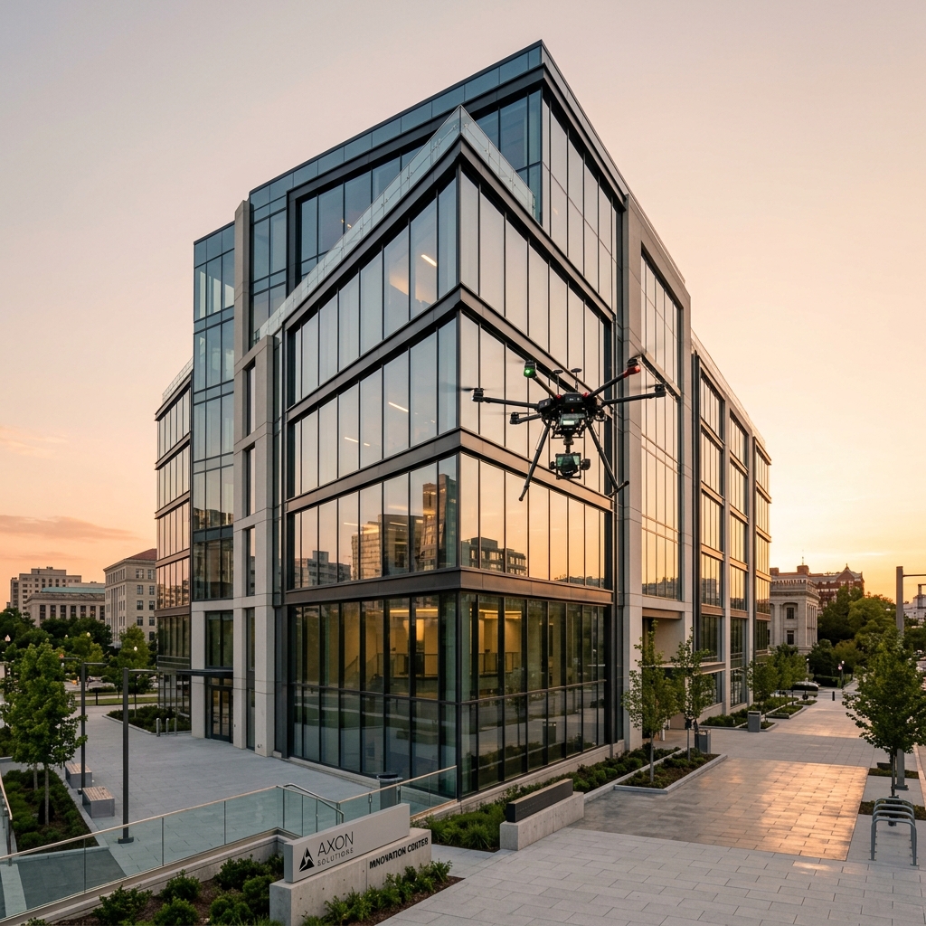 Drone de limpieza operando en fachada de edificio